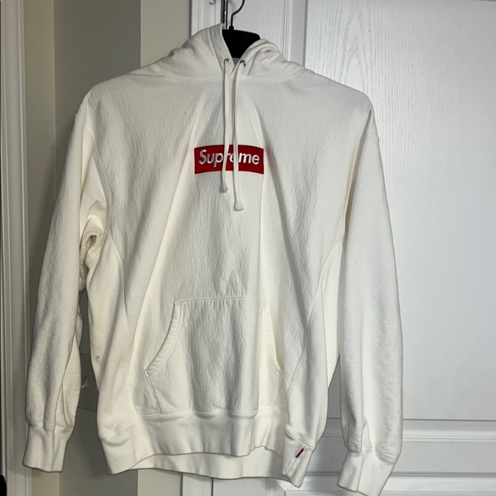 Supreme White Sweatshirt with Red Patch